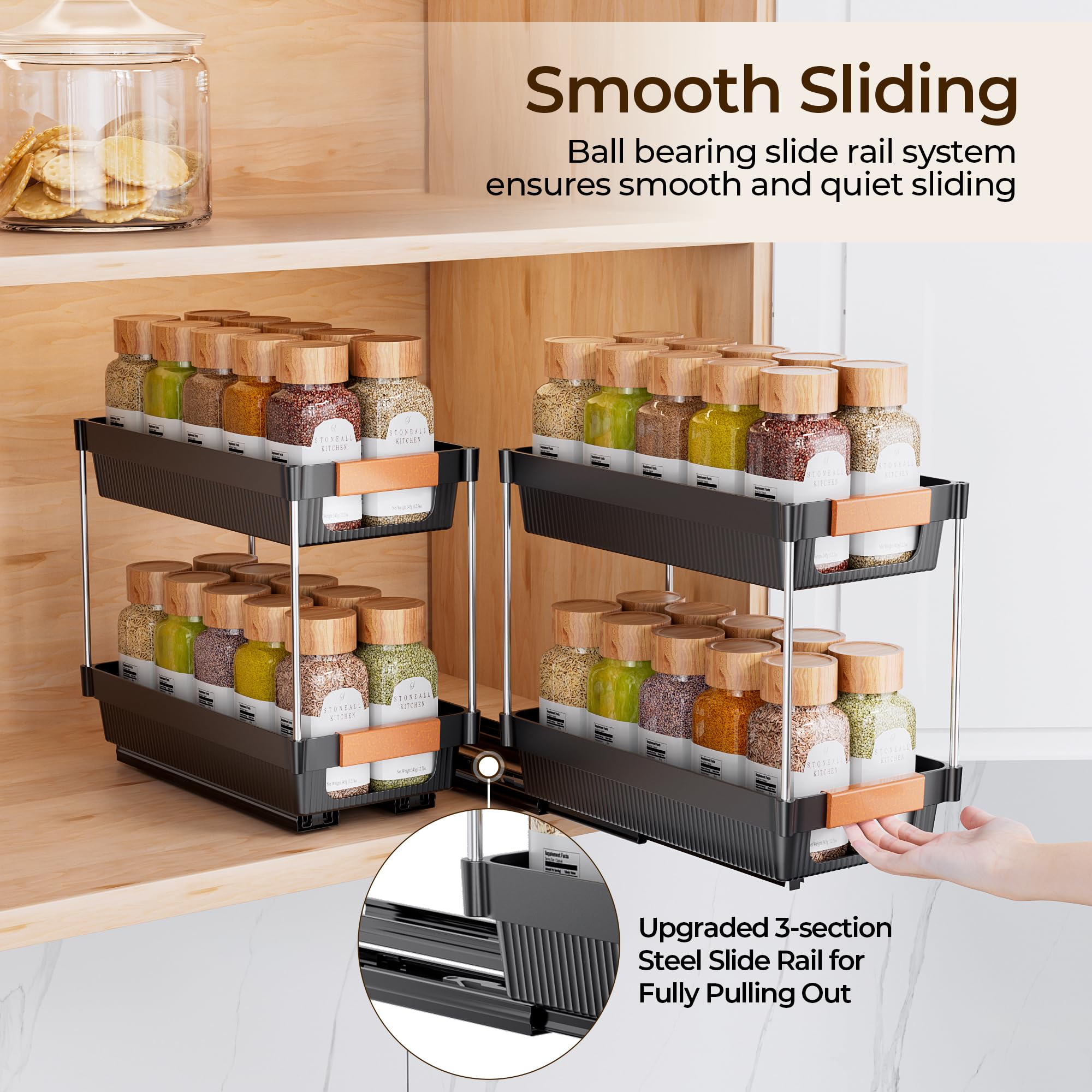 Delamu 2-pack spice rack slide keeps jars upright during pulls