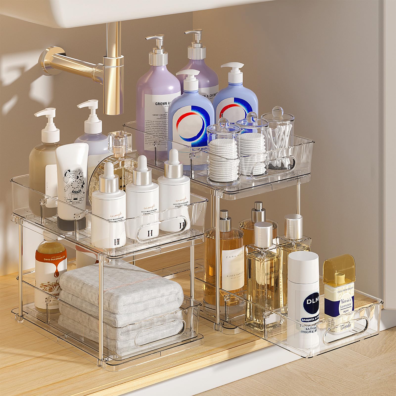 Delamu 2-tier snap-lock under-sink organizers with clear drawers for easy top and bottom access.