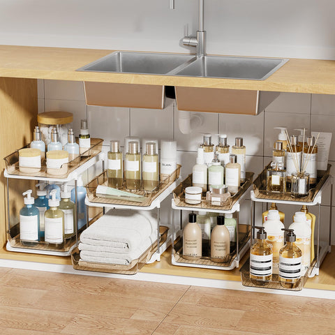 Delamu 2-Tier Under-Sink Organizer in amber for streamlined bathroom storage.