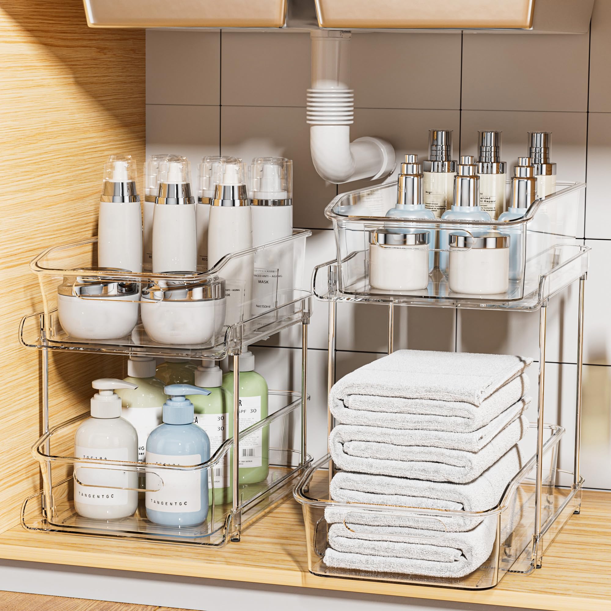 Delamu 2-tier under-sink organizers with clear shelves for quick access and space efficiency.
