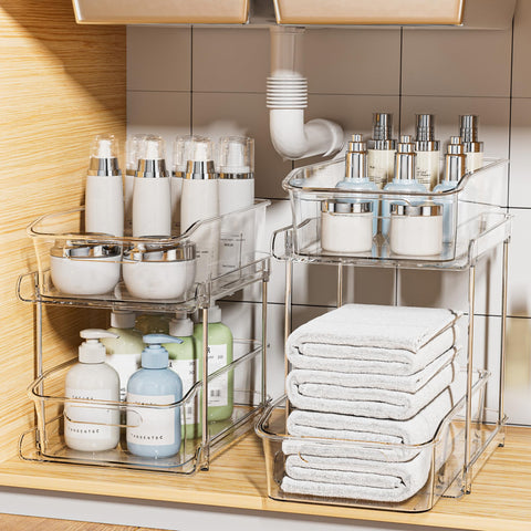 Delamu 2-tier under-sink organizers with clear shelves for quick access and space efficiency.