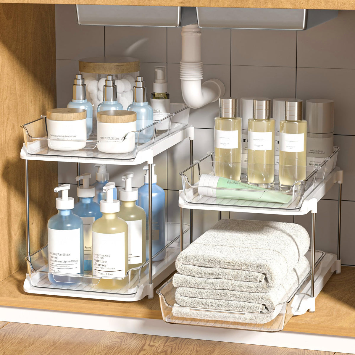 Delamu 2-tier under-sink organizer white with clear visibility for quick access