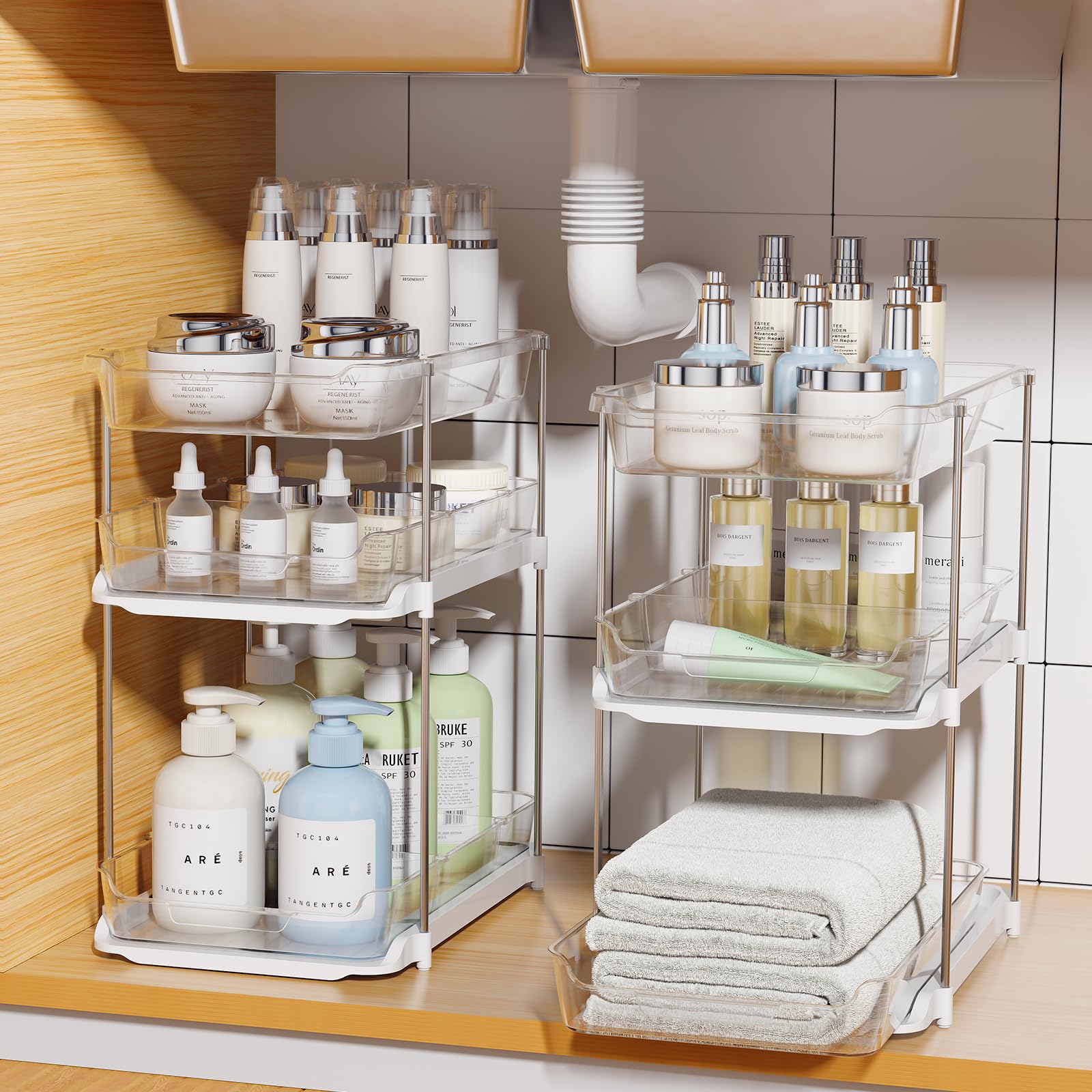 Delamu 3-tier pull-out bathroom organizer with clear drawer for easy access