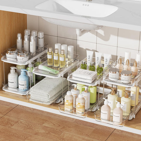Delamu 4 Pack 2-Tier Under-Sink Organizer with pull-out drawer for quick access