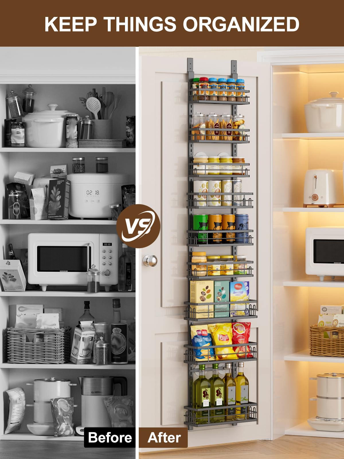 Delamu versatile door organizer for pantry, bathroom, or laundry.