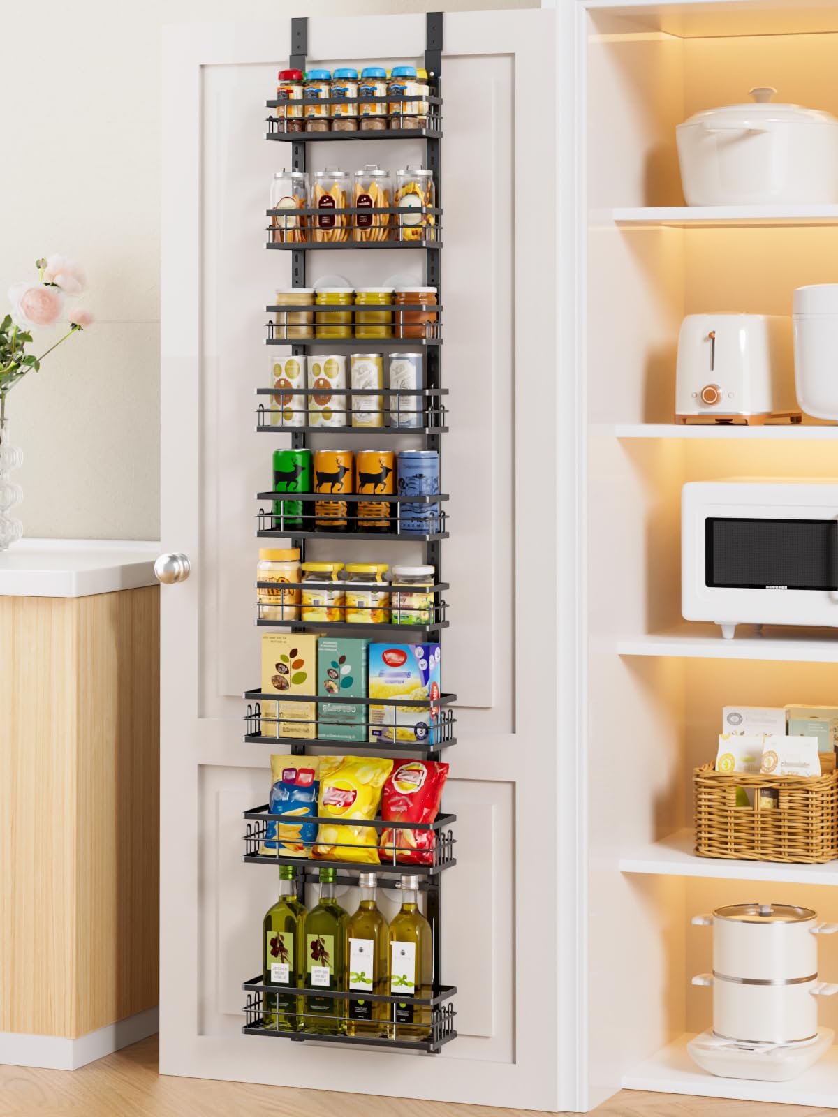 Delamu 9-tier over-the-door pantry organizer overview showing nine metal baskets.