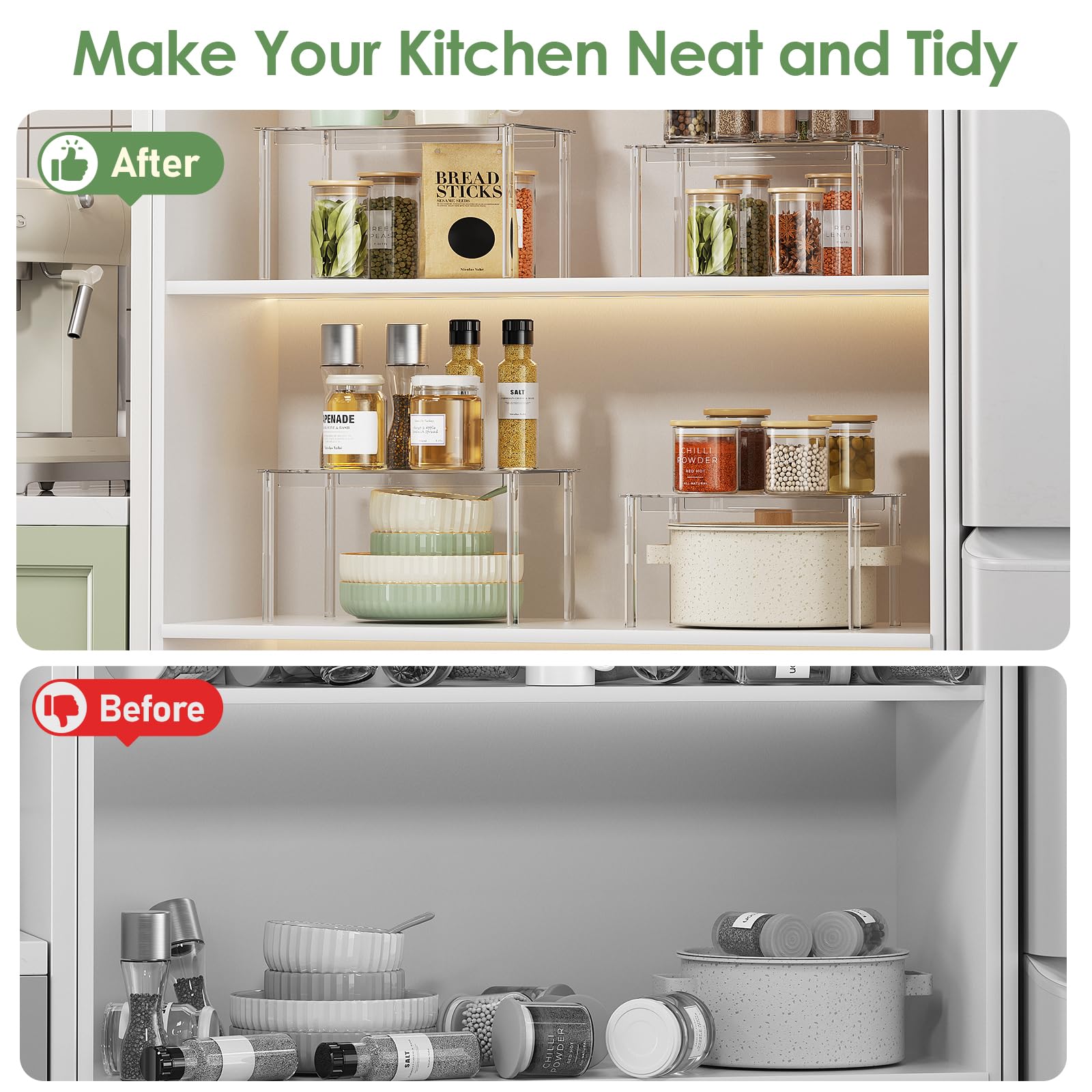 Delamu acrylic shelf riser displays spices and jars clearly.