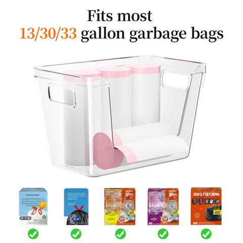 Delamu acrylic trash dispenser with clear front for quick bag access.