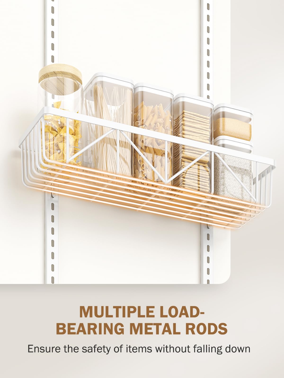 Delamu adjustable baskets allow custom shelf heights for various items