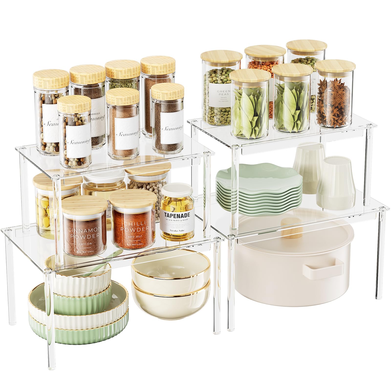 Delamu clear cabinet organizer with four shelves enhances vertical storage.