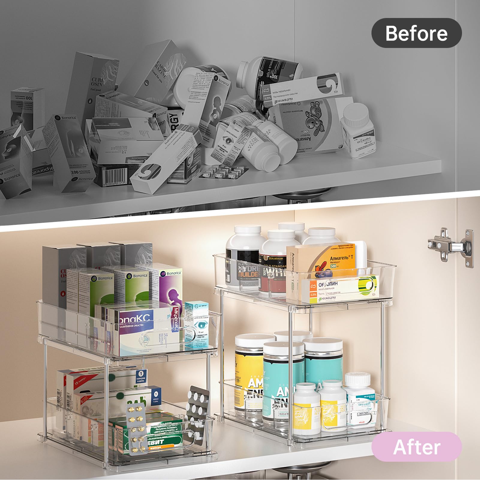 Delamu clear organizers offer quick visibility for pantry or vanity items.