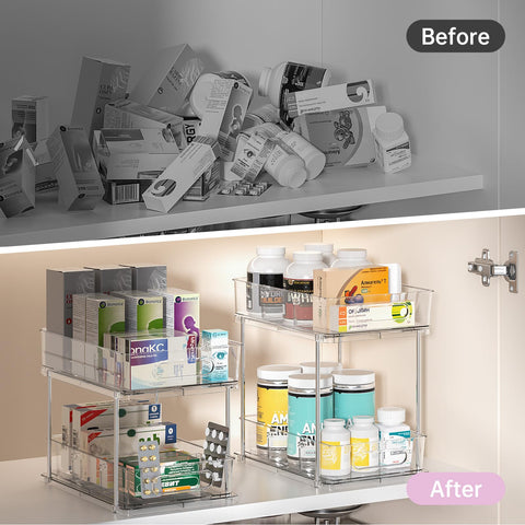 Delamu clear organizers offer quick visibility for pantry or vanity items.