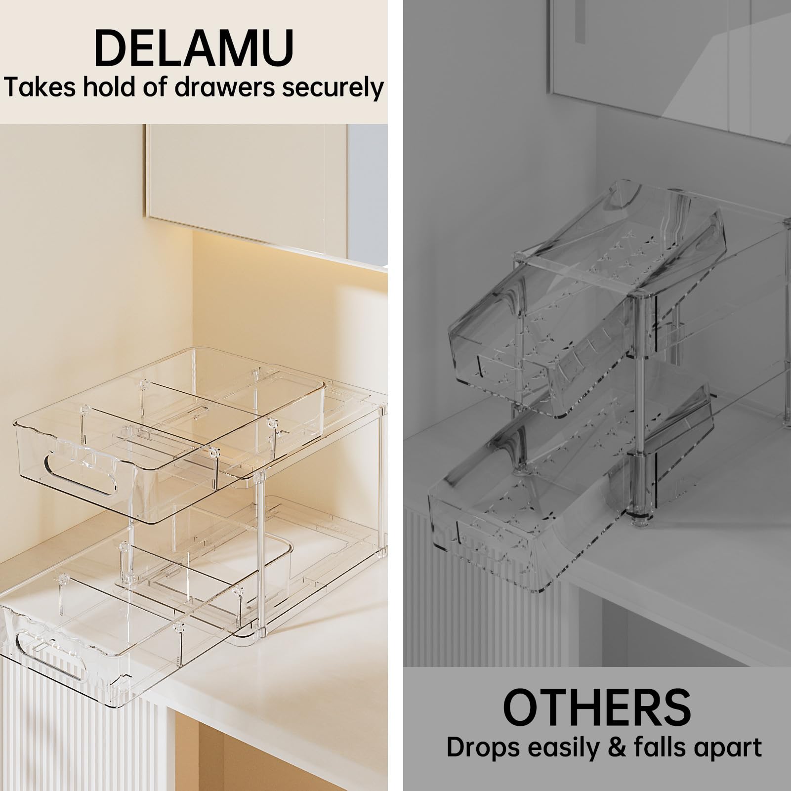 Delamu countertop or vanity storage ready for kitchen and bathroom setups.