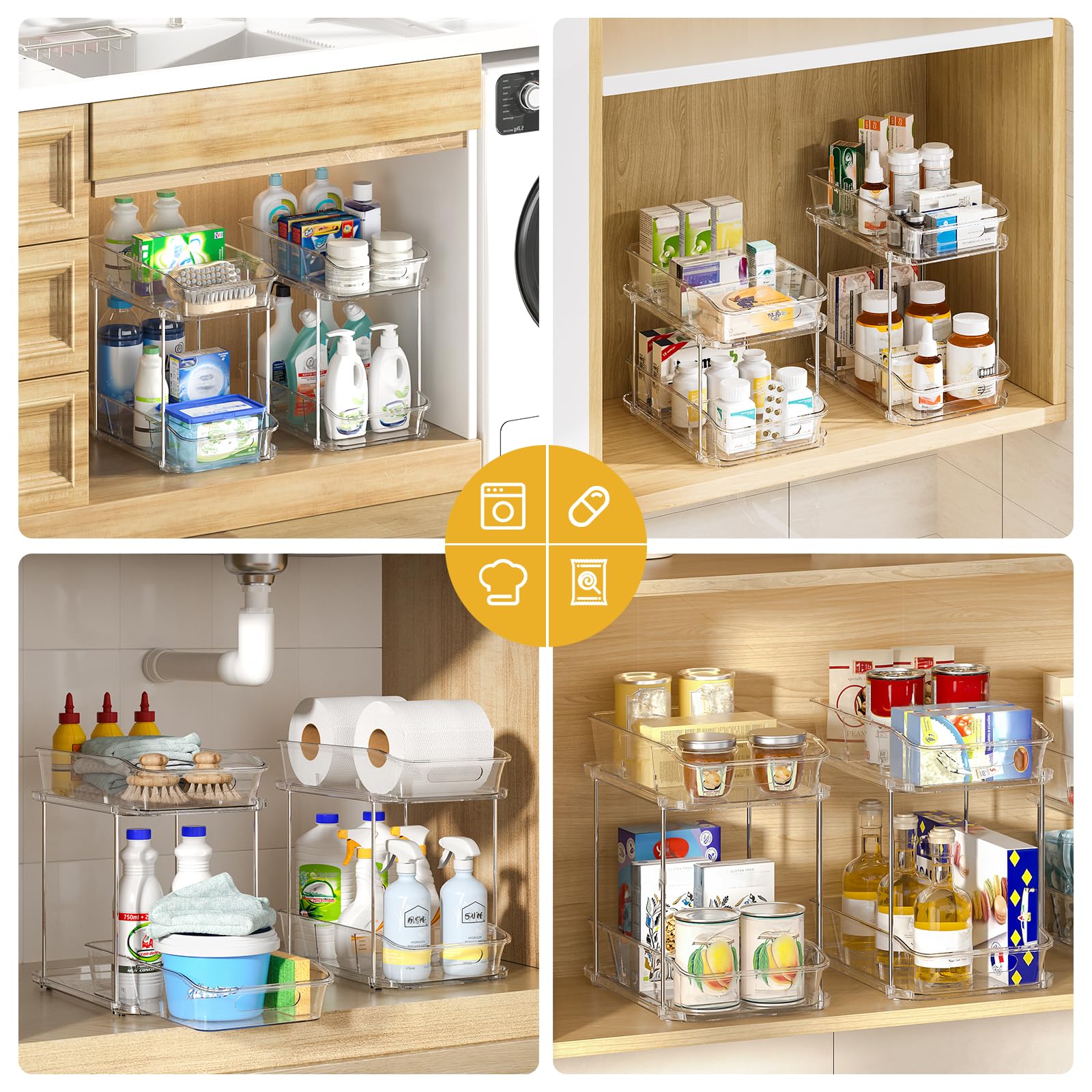 Delamu four-pack storage units bring versatile organization to kitchen and bathroom.