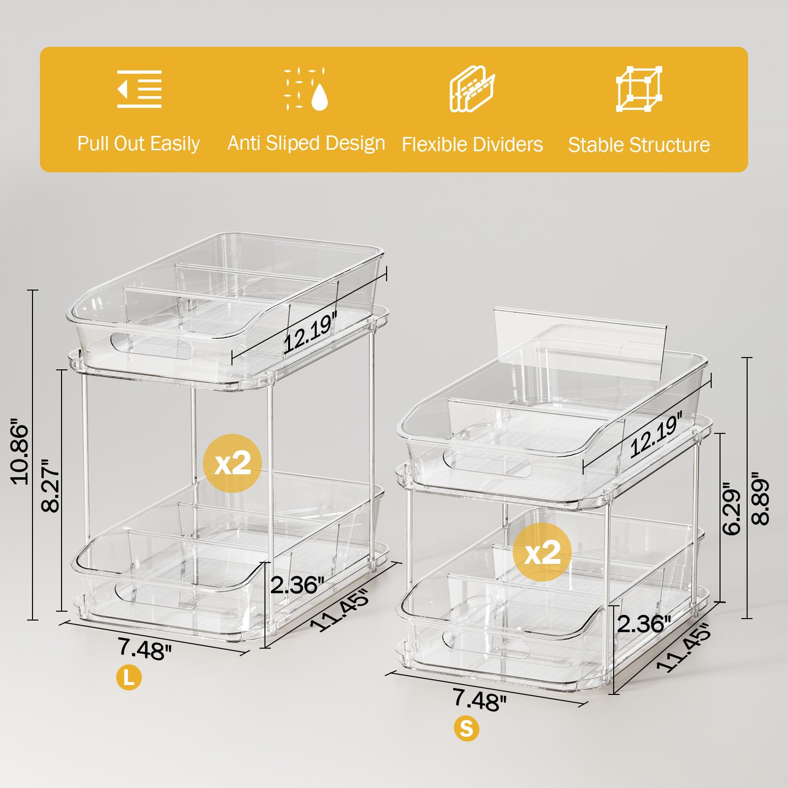 Delamu high-low tier set fits narrow spaces under the sink.