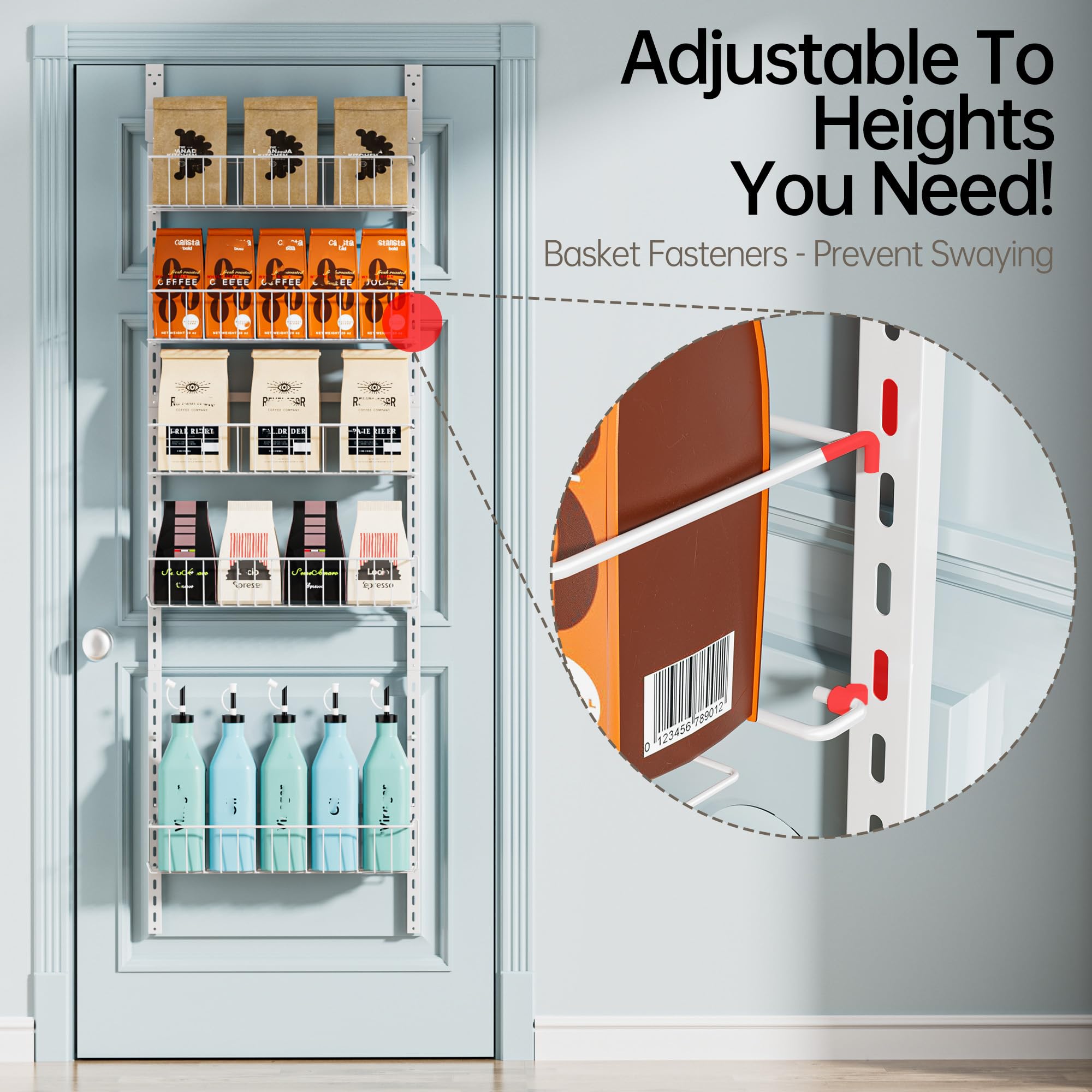 Delamu over-the-door pantry organizer with rust-proof baskets for maximizing space.