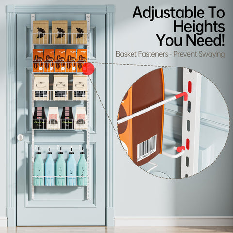 Delamu over-the-door pantry organizer with rust-proof baskets for maximizing space.