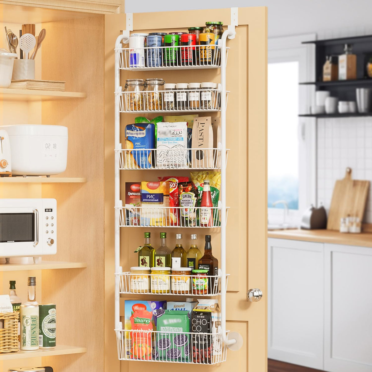Delamu over-the-door pantry organizer 6-tier full view demonstrates space-saving design.