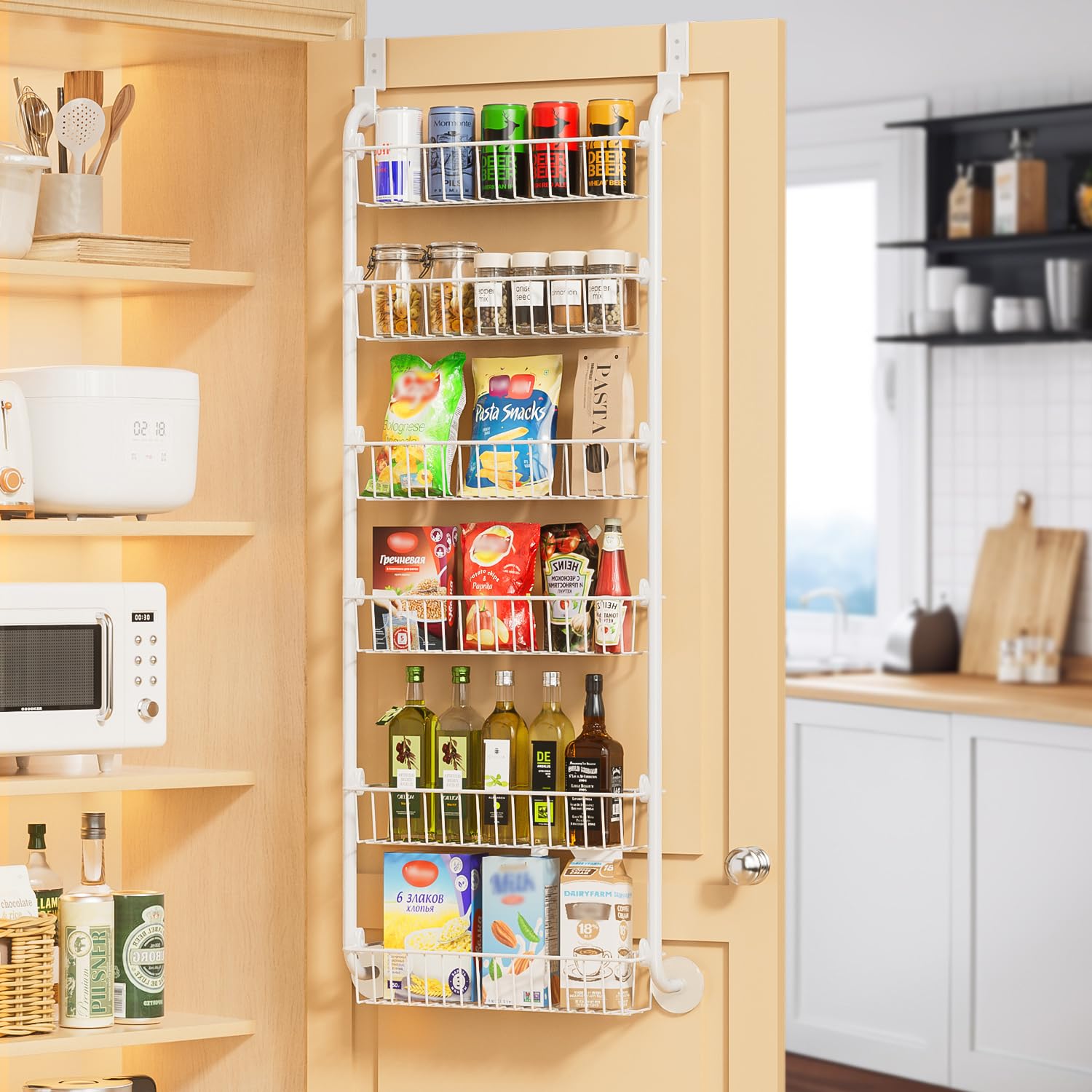 Delamu over-the-door pantry organizer assembly shows quick, tool-free setup.