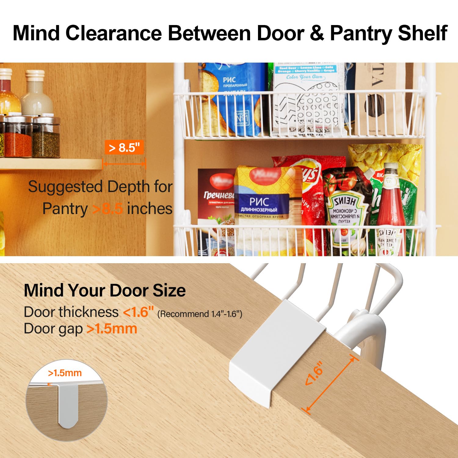 Delamu pantry door organizer assembly shown with quick snap-in setup for easy installation.