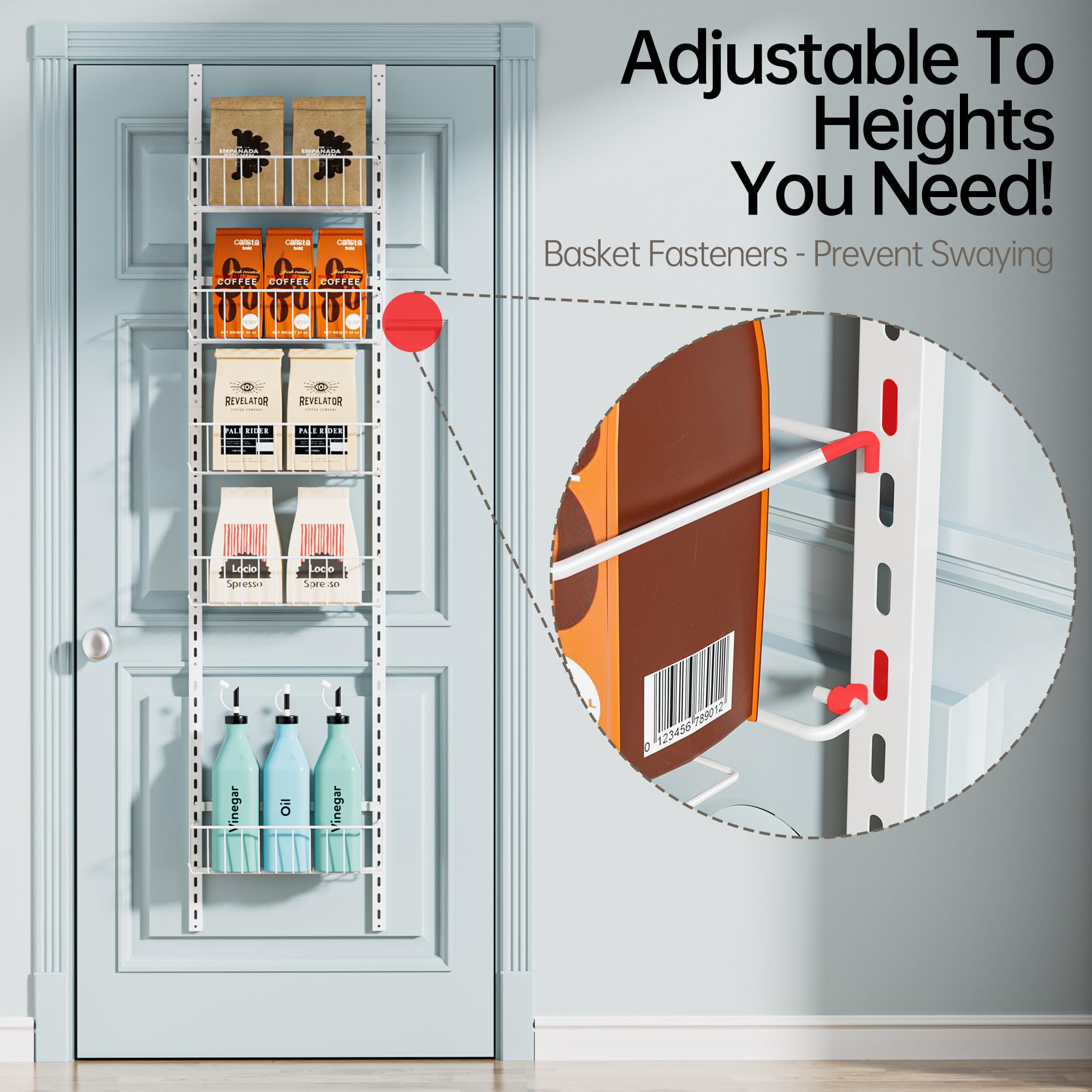 Delamu pantry door organizer basket closeup, sturdy metal construction for durable storage