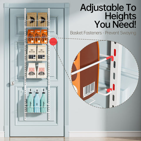 Delamu pantry door organizer basket closeup, sturdy metal construction for durable storage