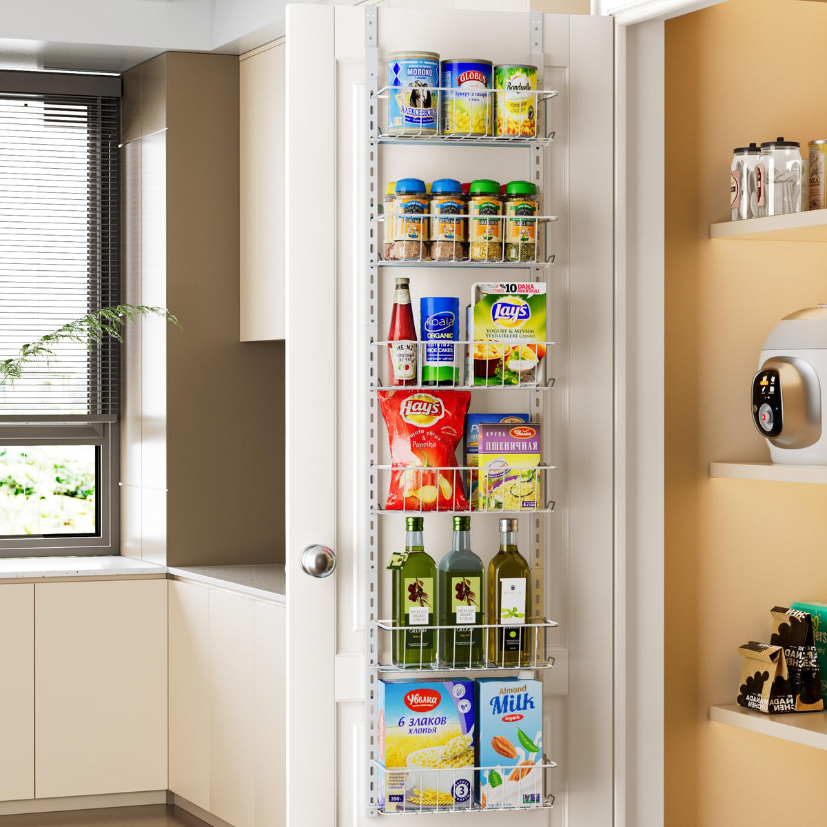 Delamu six-tier pantry door organizer in white, full unit, ideal for space-saving storage