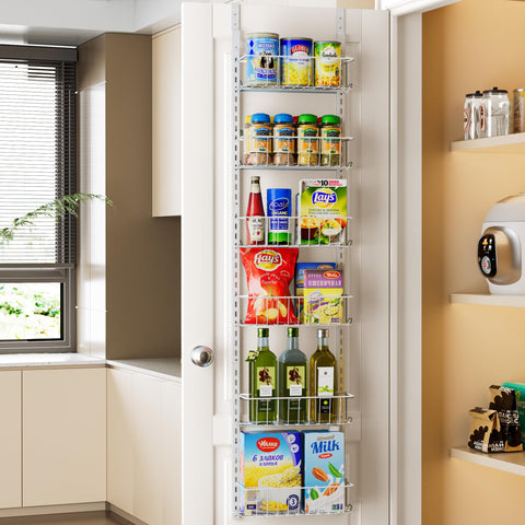 Delamu six-tier pantry door organizer in white, full unit, ideal for space-saving storage
