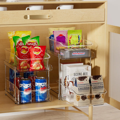 Delamu pull-out kitchen organizer offers easy reach for daily pantry items.