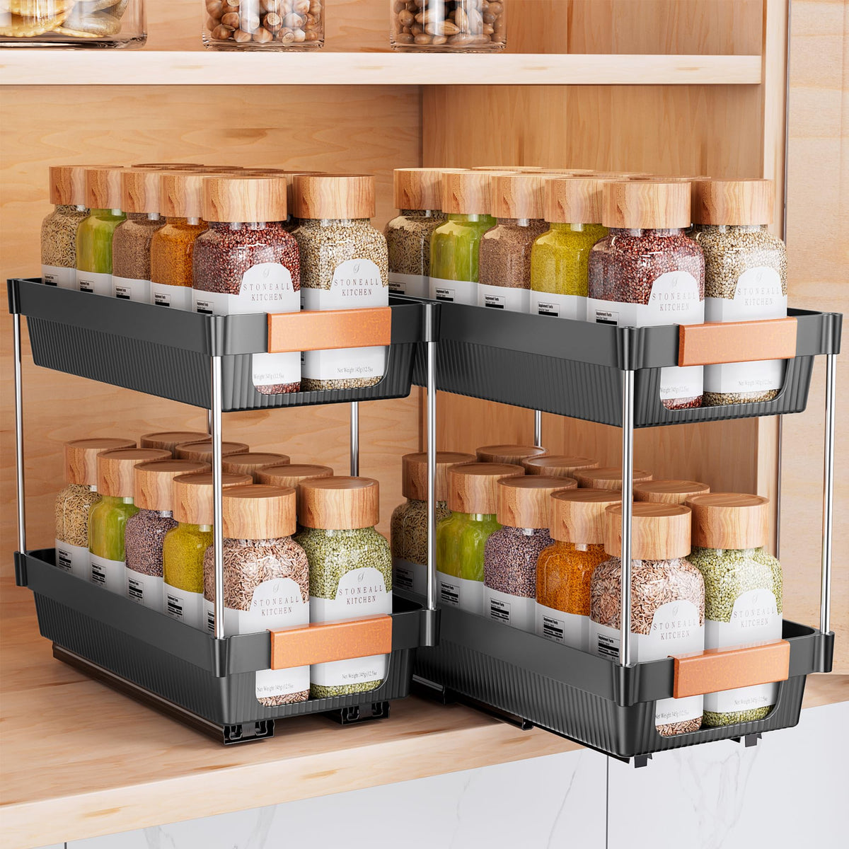 Delamu 2-tier pull-out spice rack in action for quick access