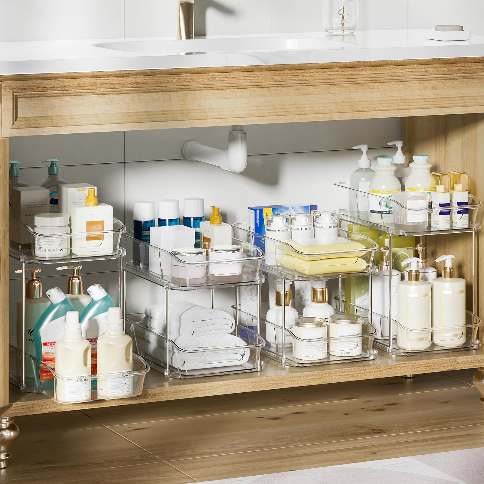 Delamu pull-out storage system ideal for skincare and cleaning supplies.
