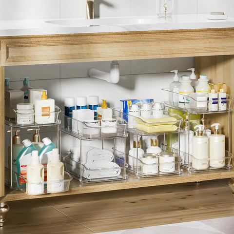 Delamu pull-out storage system ideal for skincare and cleaning supplies.