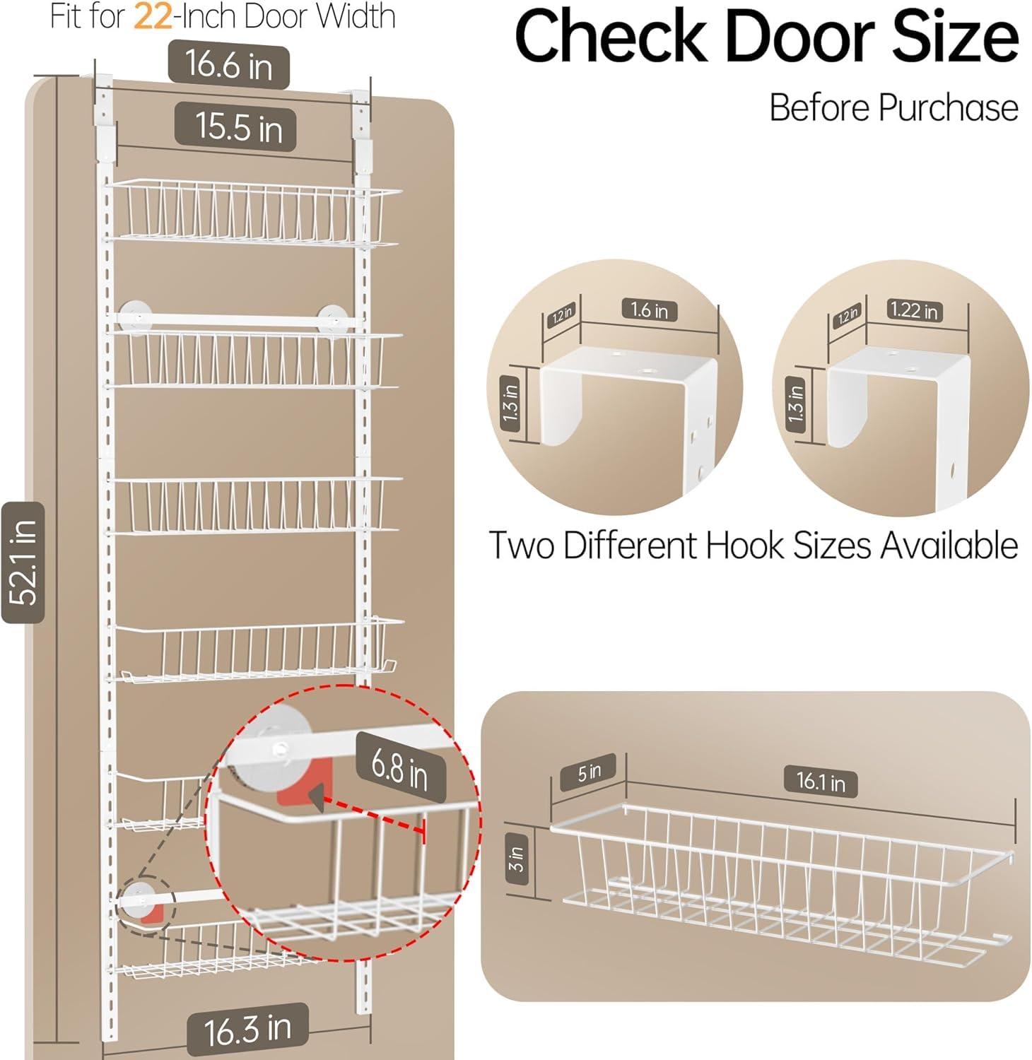 Delamu metal spice rack baskets show adjustable height for jars and bottles.
