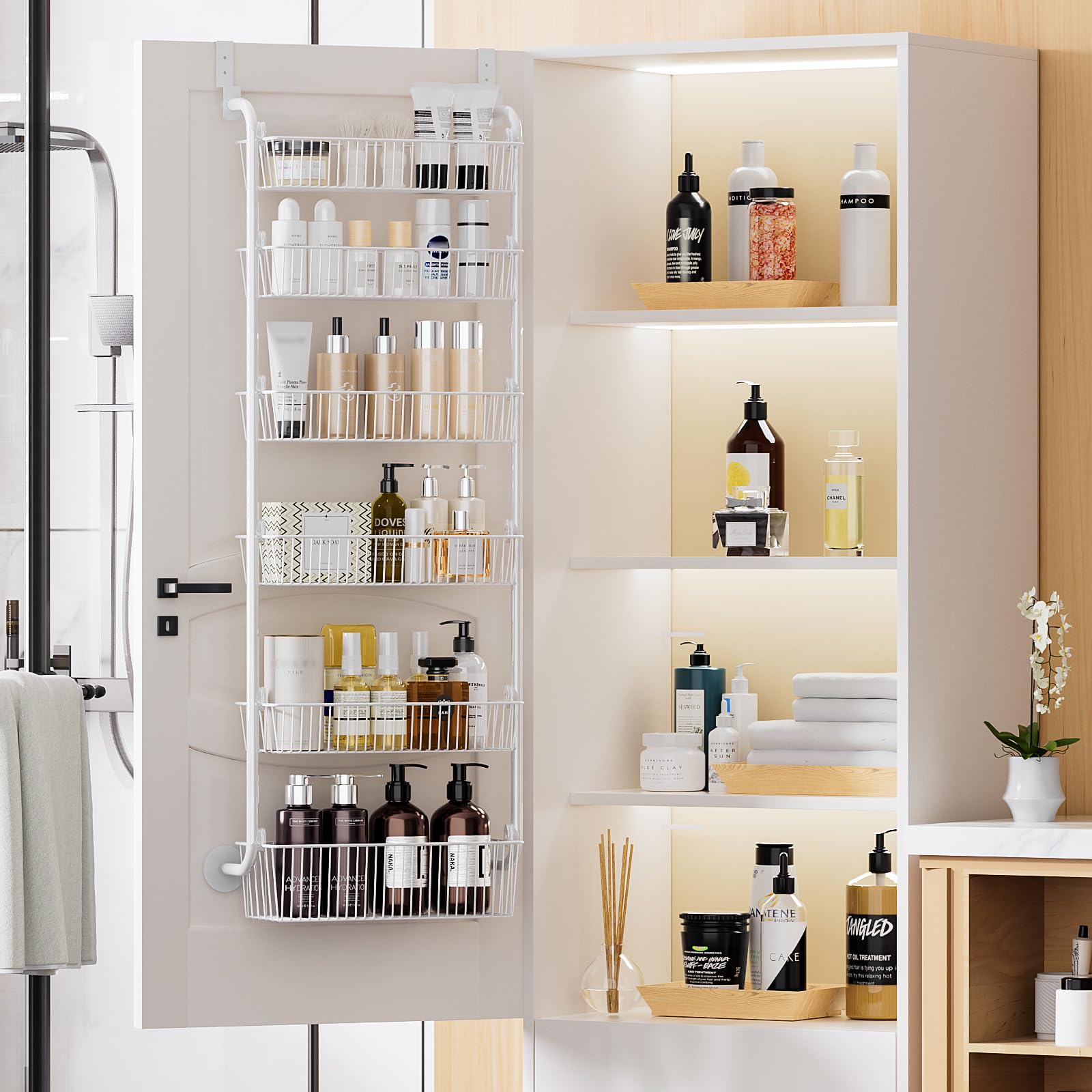 Delamu spice rack over the door setup shows versatile kitchen organization.