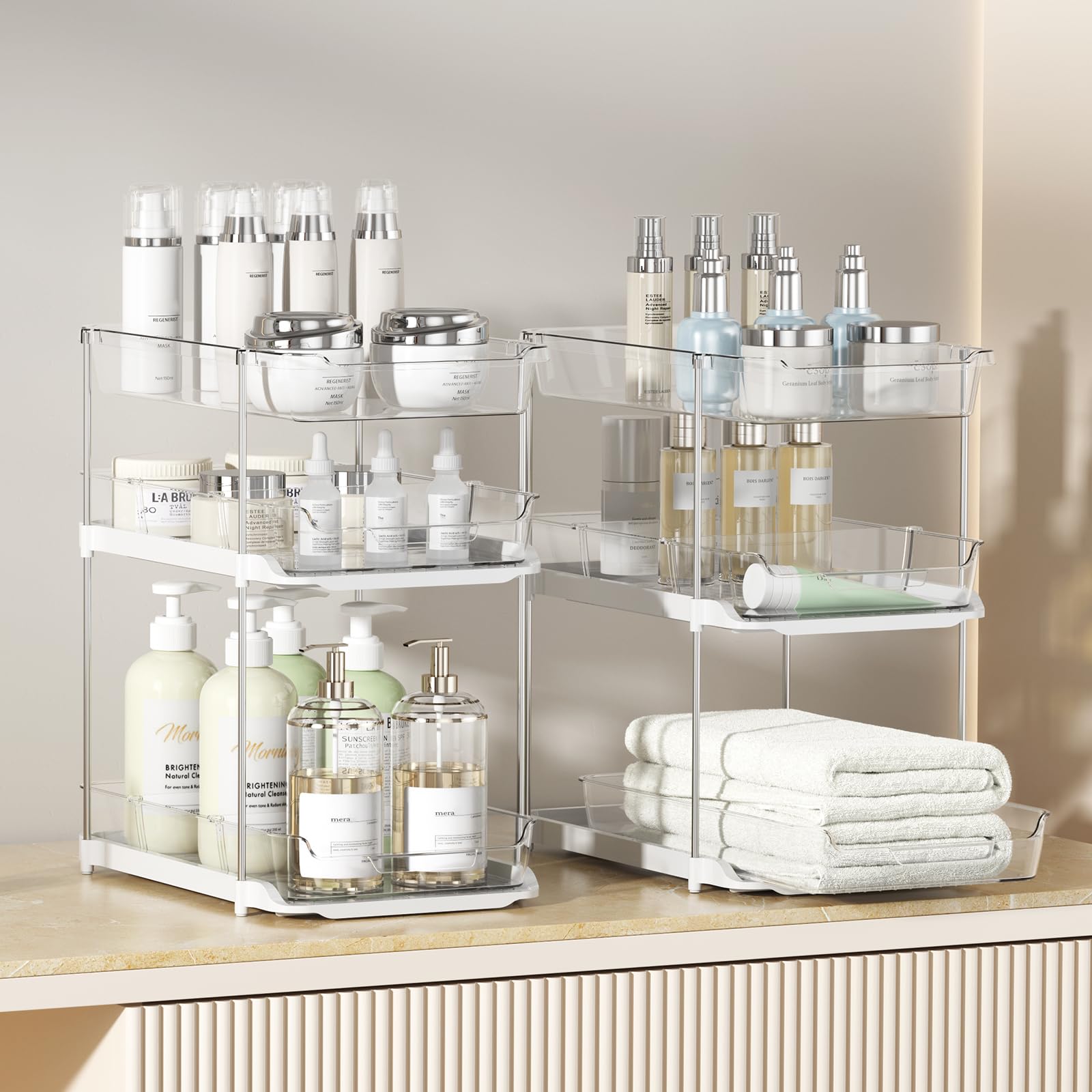 Delamu stackable pantry and kitchen cabinet organizer saves space and keeps items organized