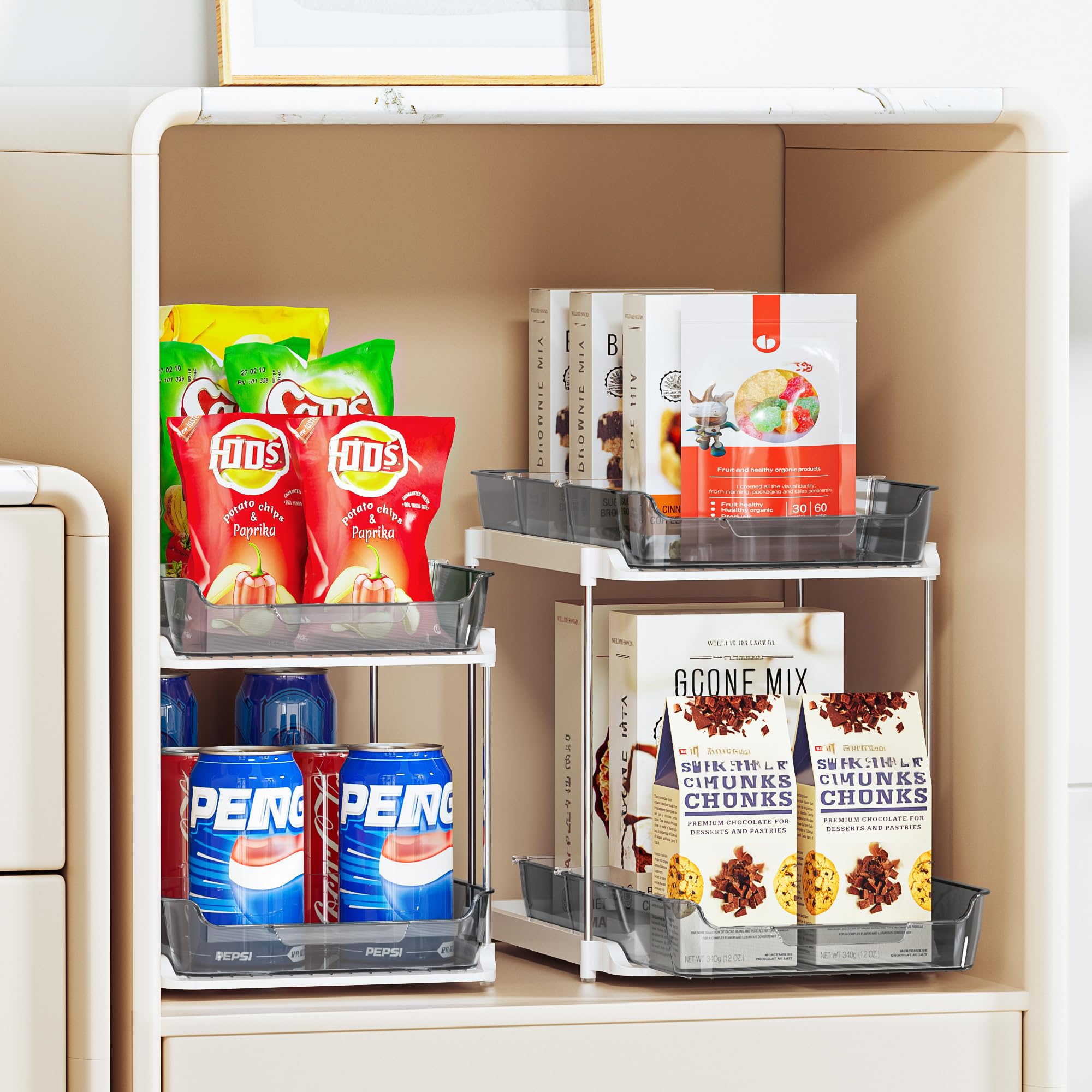 Delamu stackable pantry storage helps maximize vertical space.