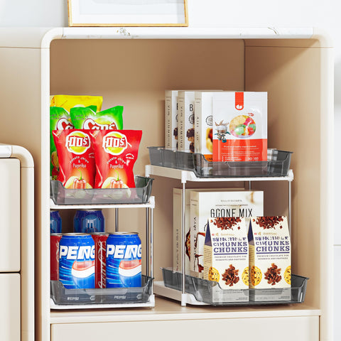 Delamu stackable pantry storage helps maximize vertical space.