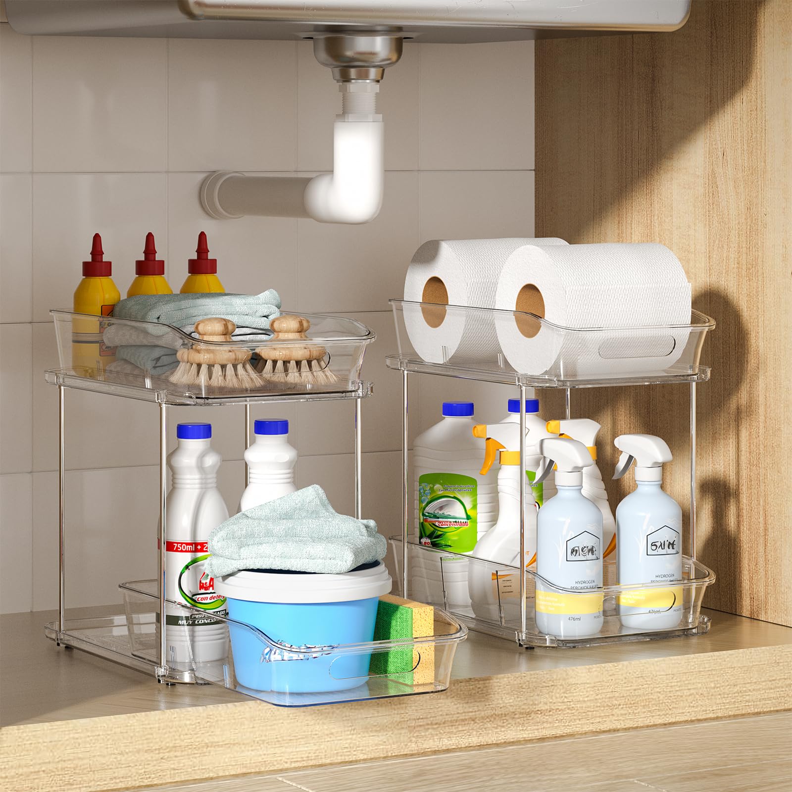 Delamu stackable shelves with dividers help categorize items.