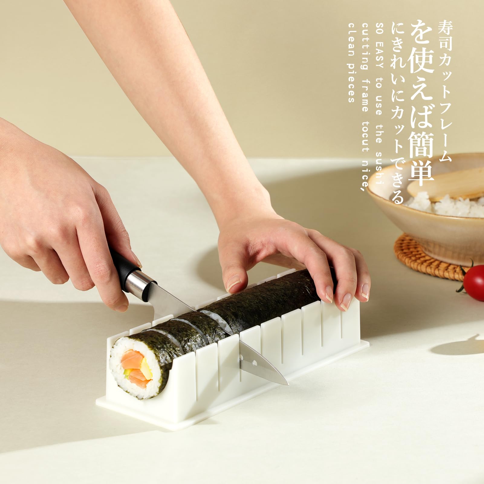 Delamu rice mold with mats for clean, compact nigiri shapes.