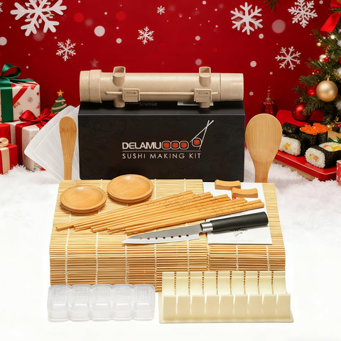 Delamu sushi knife slicing fresh rolls with precision.