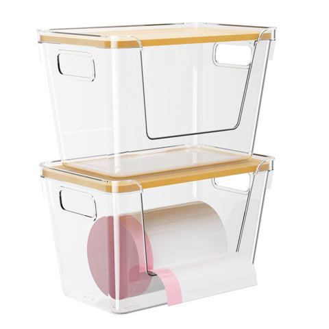 Delamu 2-pack acrylic trash bag holder in a stackable design for space-saving storage.