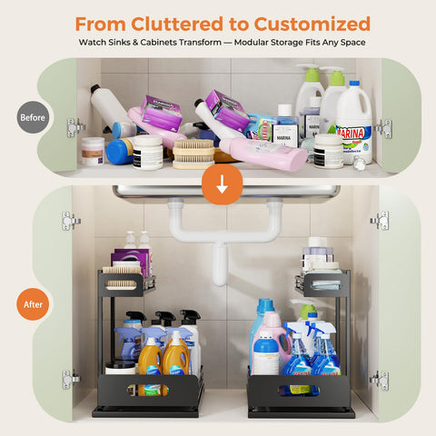 Delamu two-tier pull-out shelves slide smoothly for quick access behind stored items