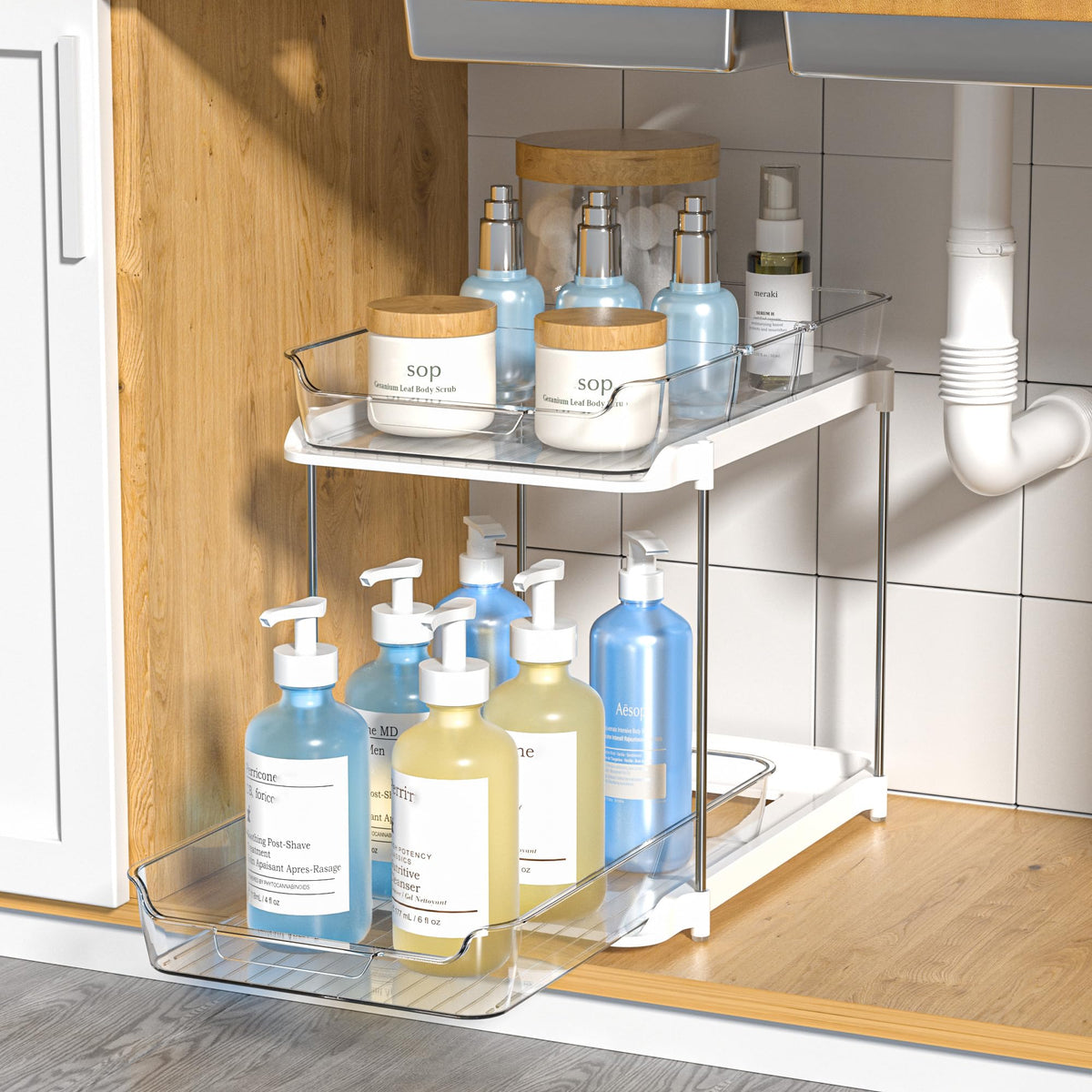 Delamu two-tier under-sink organizer with clear drawers for easy access