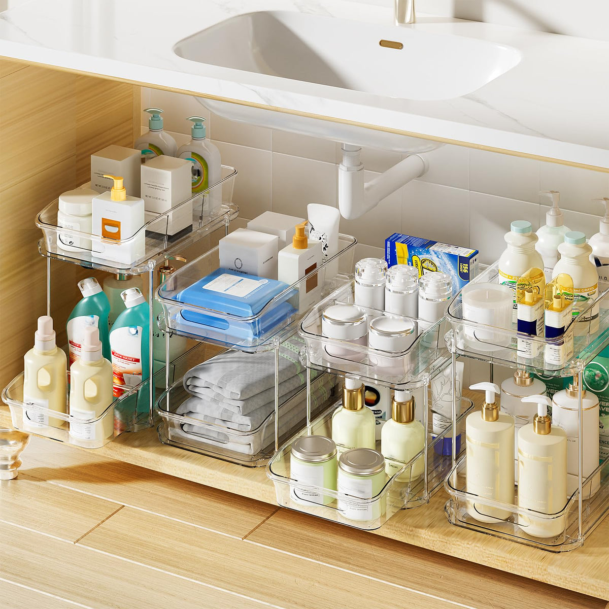 Delamu two-tier under-sink organizer with pull-out drawers for easy access.