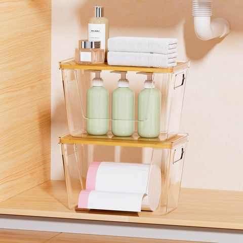 Delamu under-sink organizer with transparent body and large front opening.