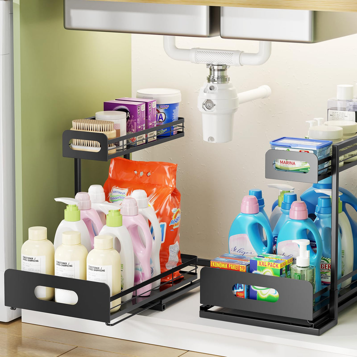 Delamu under-sink organizer 2-pack with 2-tier pull-out shelves for easy cabinet access