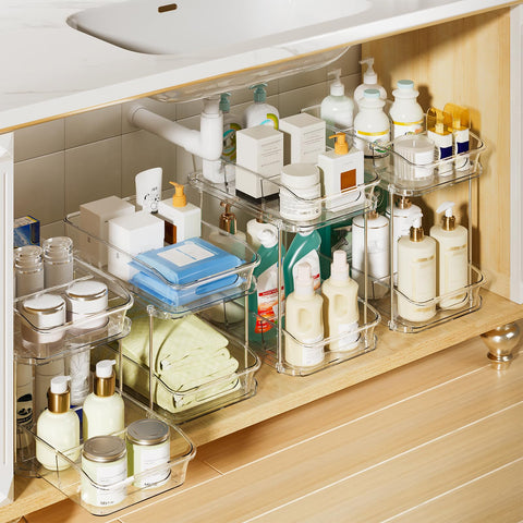 Delamu under-sink organizer promotes organized spaces and quick item retrieval.