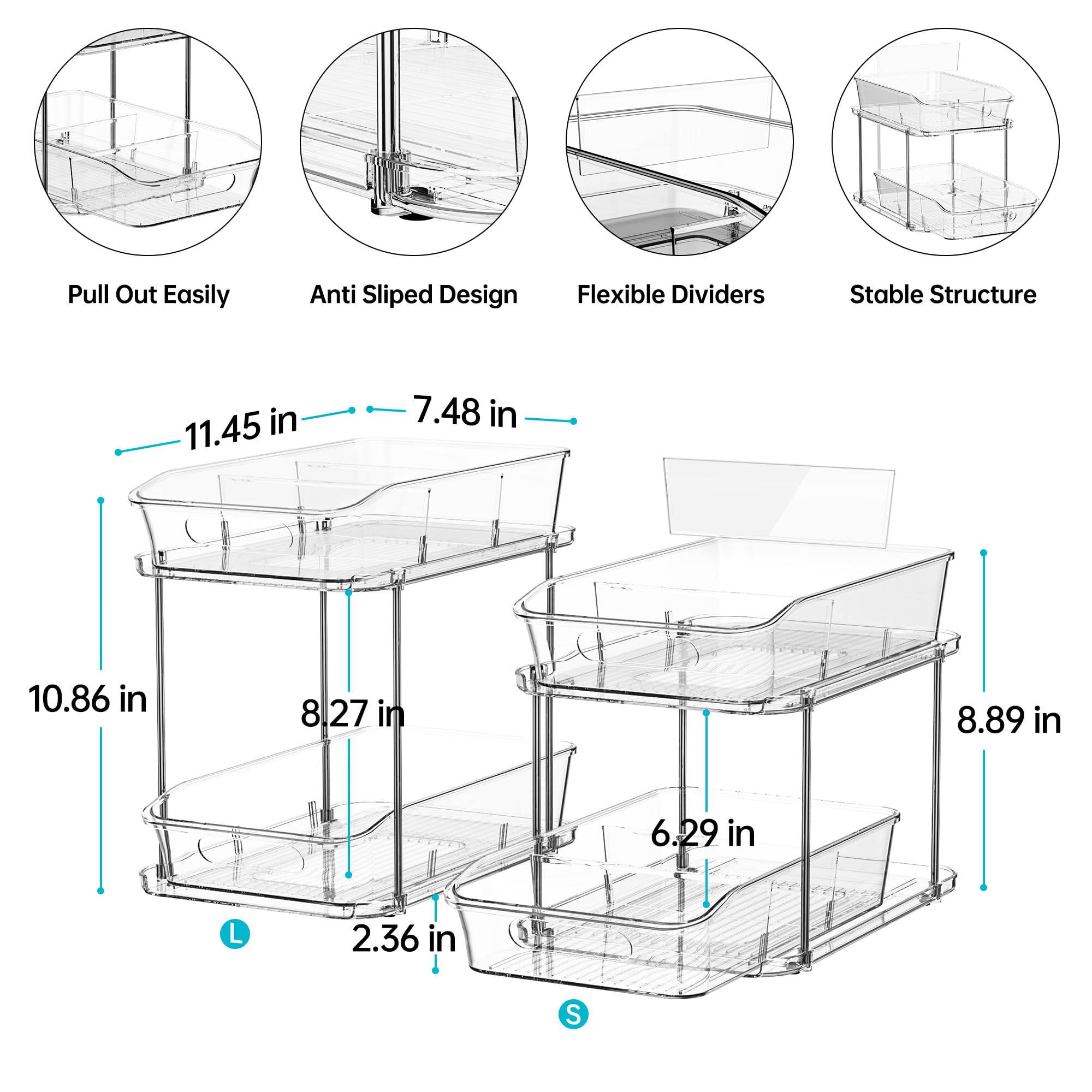 Delamu under-sink storage with dividers keeps items neatly separated and visible.