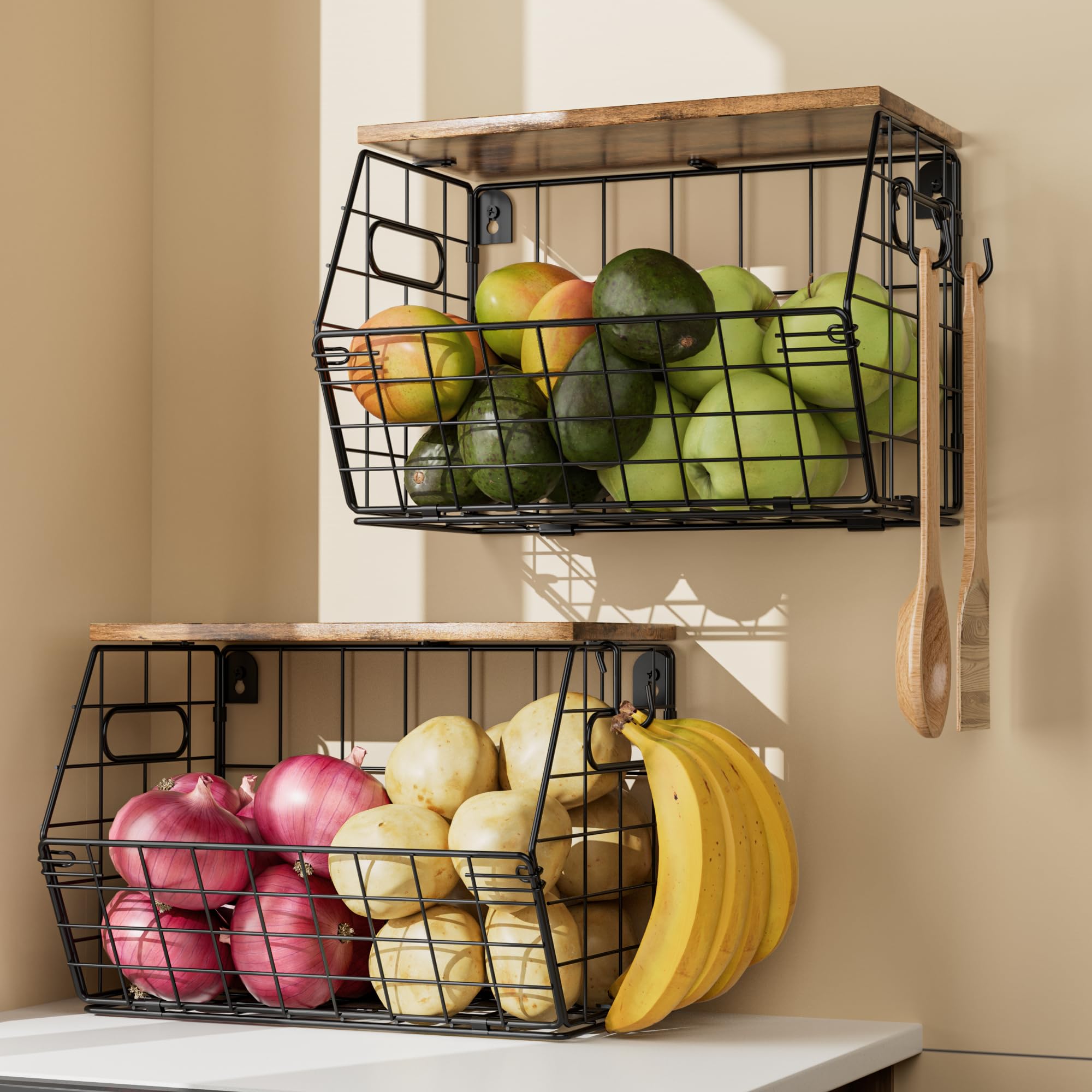 Delamu wall-hanging basket in black with bamboo lid for compact pantry storage
