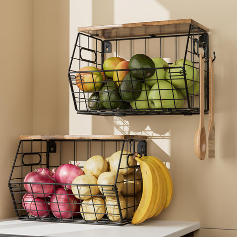 Delamu wall-hanging basket in black with bamboo lid for compact pantry storage